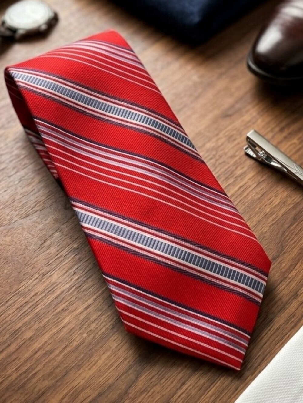 Barneys New York Silk Striped Luxury Tie - Red, Blue & White